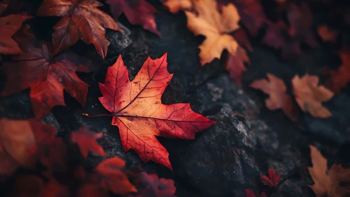 Lone crimson maple leaf rests on dark forest stone path.