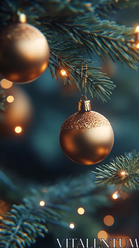Gold Christmas ornament hangs on illuminated evergreen branch