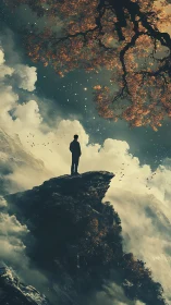 Stargazer on the cliff edge beneath a burning autumn sky.