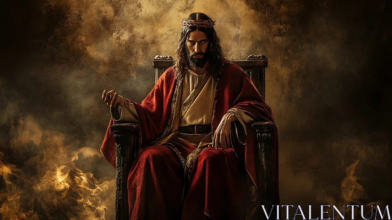 Digital messianic figure on throne amid dramatic firestorm.