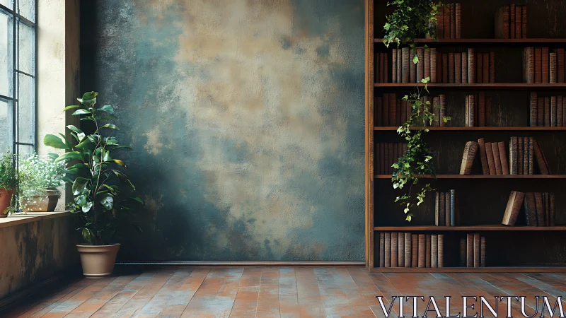 Rustic reading corner with tall plant and wooden bookcase.