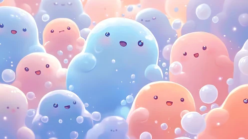 Smiling pastel jelly creatures float in a dreamy bubble world