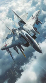 Fighter jet dives through stormy clouds in dynamic pursuit.