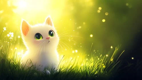 Soft white kitten gazes up into a warm, glowing meadow light