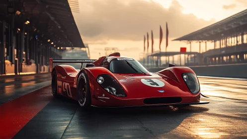 Sunlit red race car waits calmly on an empty grand prix track