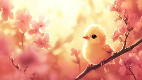 Sunlit spring chick nestled among dreamy pink blossoms.