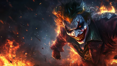 Sinister clown figure lunging forward amid raging flames.