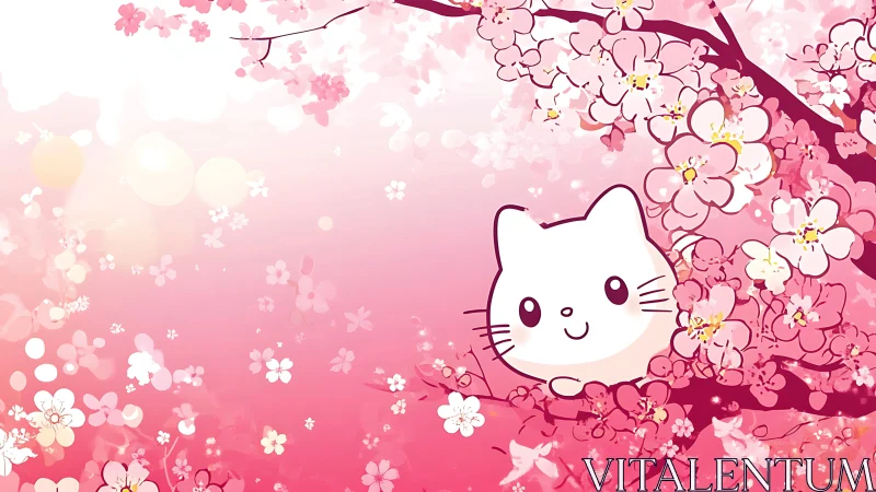 Playful cartoon kitten peeks out from dreamy cherry blossoms