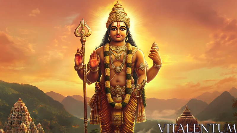 Hindu deity statue stands before sunset mountains and temples
