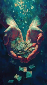 Hands hold and release multiple banknotes in suspended motion