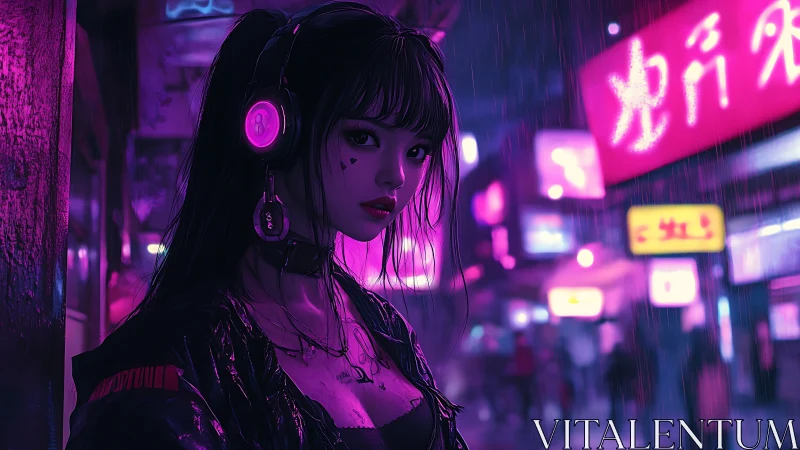 Neon cyberpunk girl with headphones in rainy alleyway.