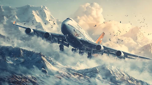 Jetliner storms through icy mountain pass in blizzard light.