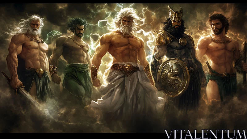 Five armored mythic male figures stand in stormlit formation