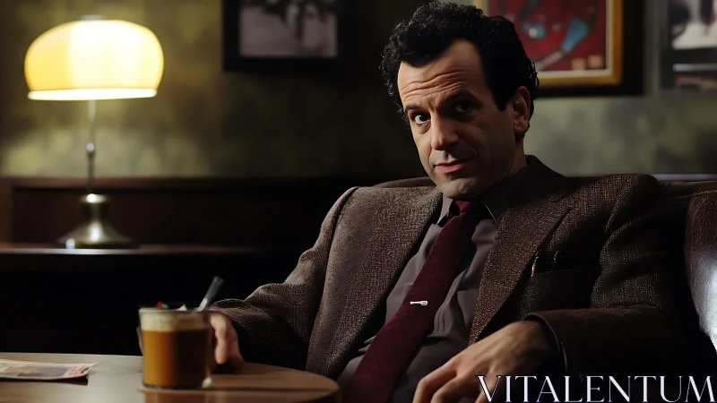 Man in brown suit seated in dimly lit café interior.