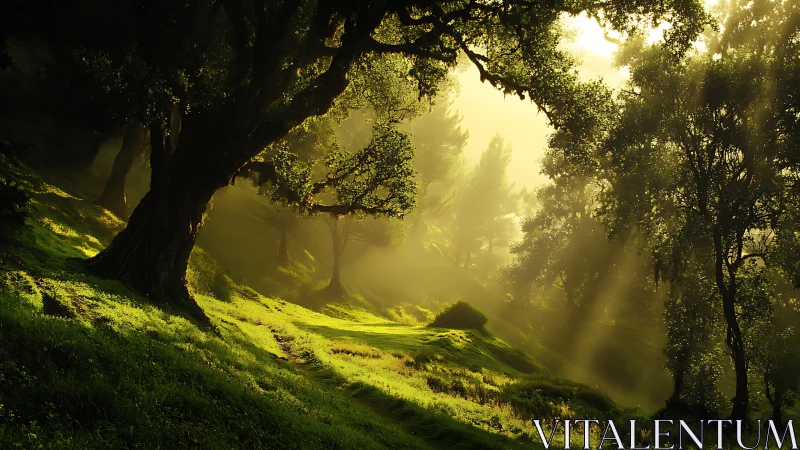Sunlit Forest Sanctuary Where Warmth Embraces Ancient Trees.