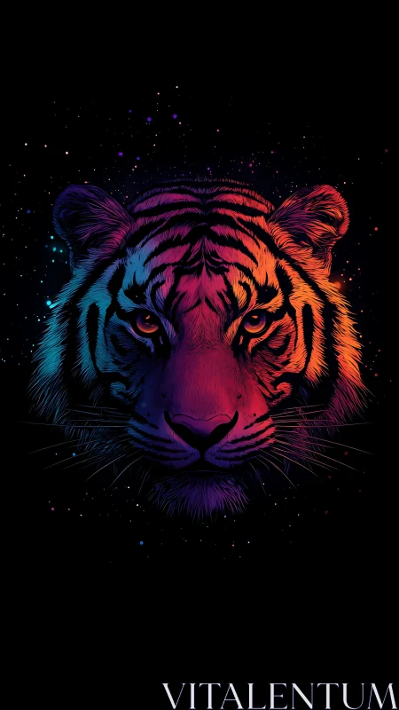 Neon dusk tiger drifting through a cosmic midnight bloom.