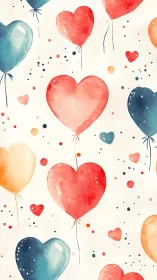 Watercolor Heart Balloons in Flight.