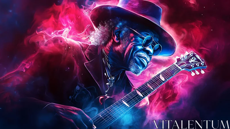 Electric blues guitarist in neon smoke digital portrait.
