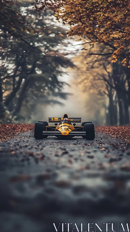 Autumn forest lane hosting a bold yellow race car.