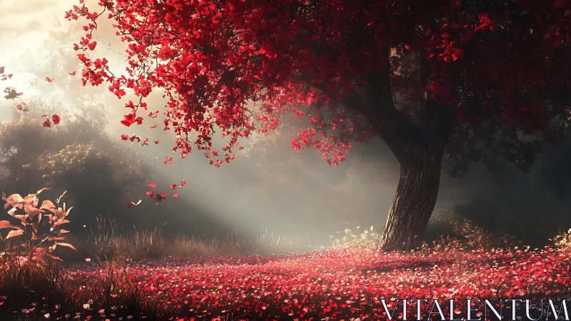 Crimson maple under volumetric sunrise in floral meadow.