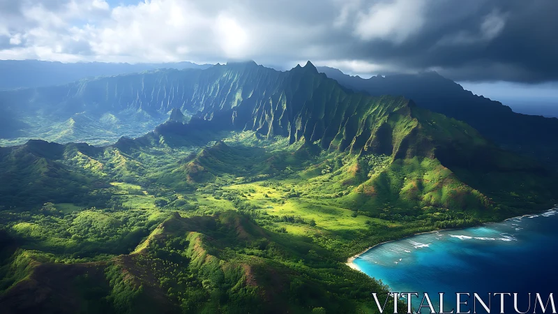 Kauai Pali Coast Aerial Panorama: Verdant Cliffs.