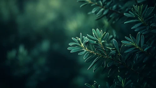 Moody macro foliage in cinematic teal green bokeh light.