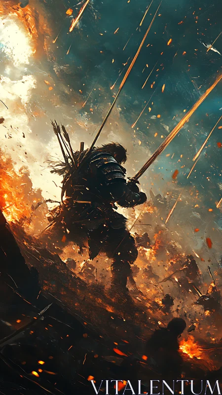 Cinematic warrior silhouette cuts through volumetric fire and debris