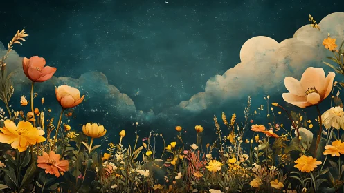 Golden Flowers Under Starlit Sky With Clouds
