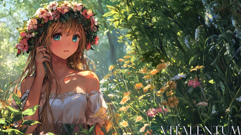 Anime girl with flower crown standing in bright forest garden.