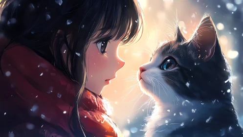 Winter close-up portrait of girl and cat in soft backlight.