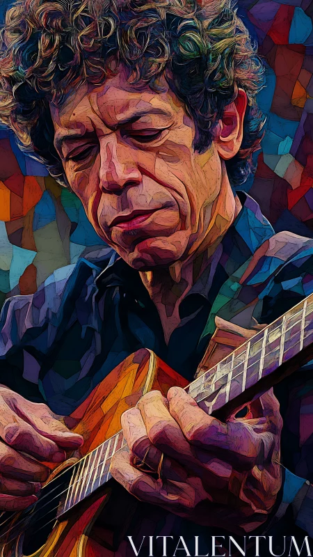 Digital painting portrait of guitarist in prismatic tessellation style.