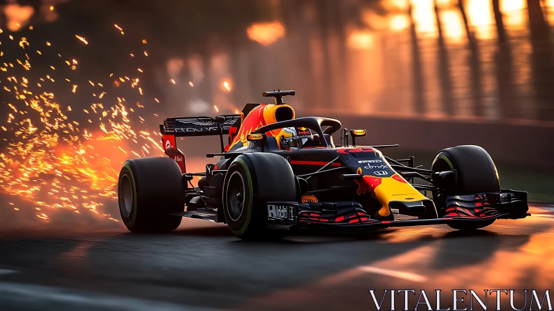 Formula racing car on circuit with rear sparks at sunset.