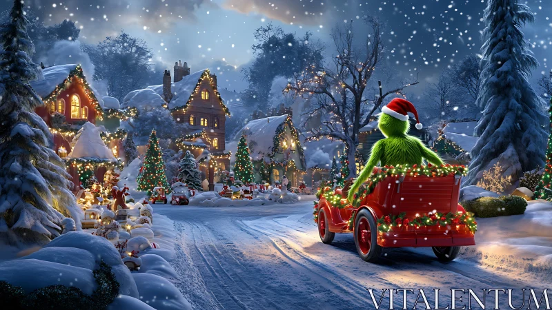 Digital holiday village scene with festive character in car.