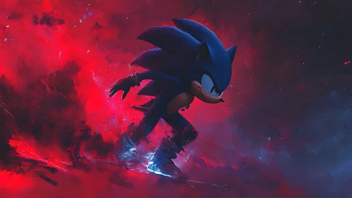 Blue speedster charges through a neon red storm of energy