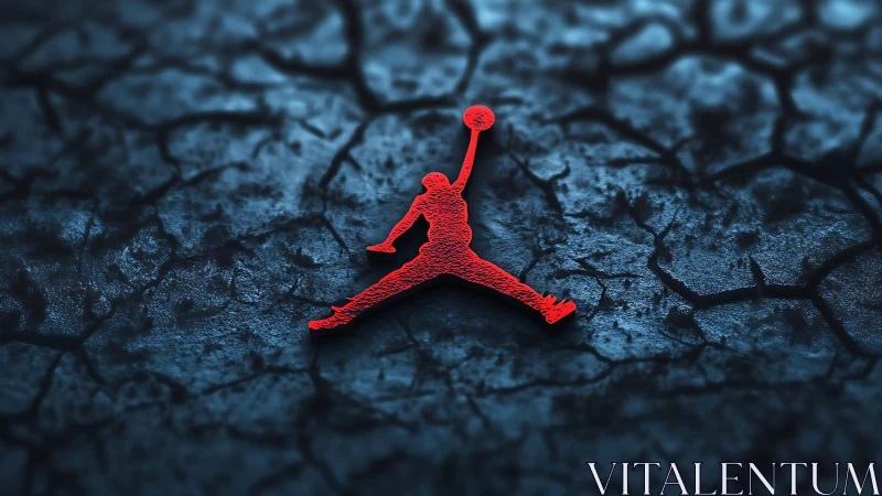 Red basketball jumper silhouette on cracked blue ground.