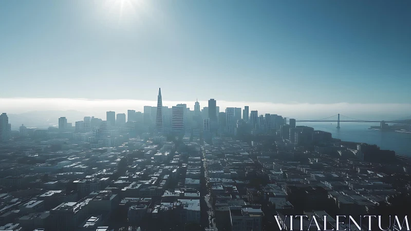 Sunlit San Francisco skyline with bay bridge and dense grid.