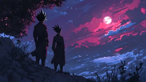 Silhouetted anime figures observing a vivid twilight sky.