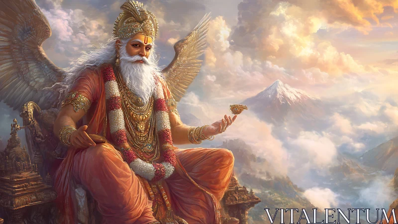 Winged deity seated above mountains in golden light.