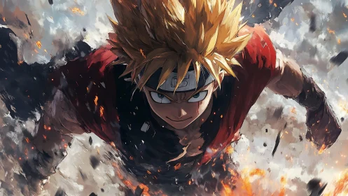 Intense anime warrior charging through exploding battlefield.