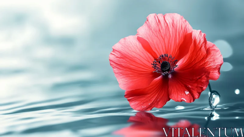 Red Poppy Bloom with Water Droplet: Soft-Focus Aquatic Study