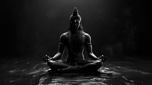 Silent obsidian yogi distills moonlit calm into darkness