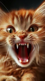 Fiery ginger kitten mid-yawn with fangs in sharp focus.