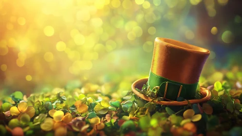 Golden leprechaun top hat in shamrock field, warm bokeh glow