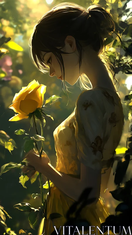 Sunlit girl gently admiring a single golden garden rose.