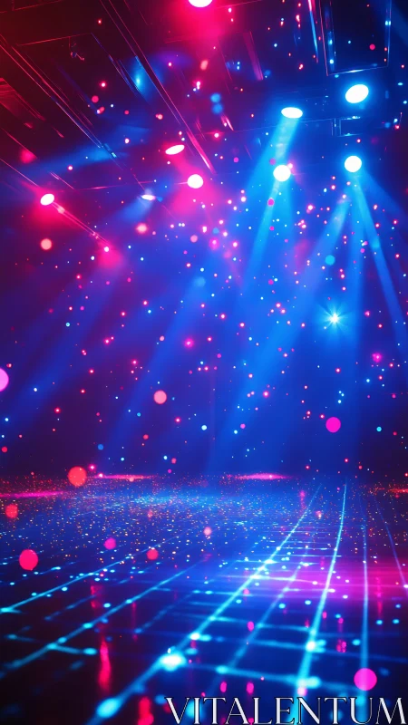 Neon party lights sweep across a futuristic digital dance floor