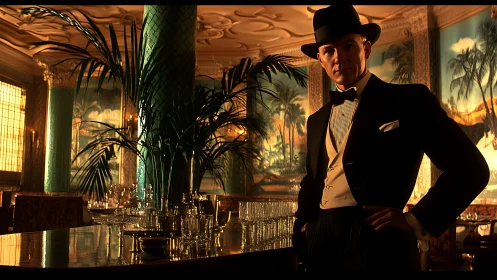 Elegant gentleman in black tie within art deco cocktail lounge