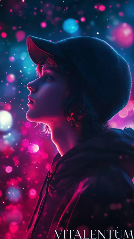 Neon-lit youth gazes upward in dreamy cyber glow.