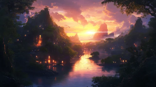 Sunlit river valley glows around hidden lantern-lit village