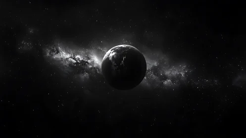 Monochrome terrestrial sphere silhouetted against dense galactic dust