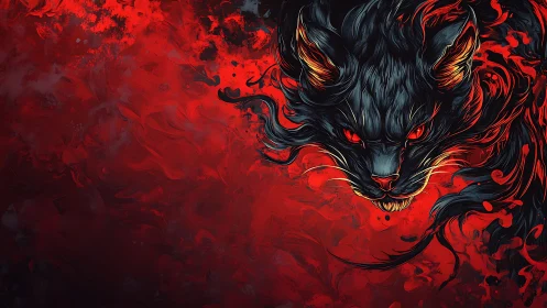 Black feline head over red abstract swirling background.